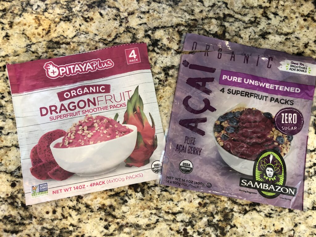 Pitaya Plus Dragon Fruit vs Sambazon Acai frozen packs, both 14 oz. 