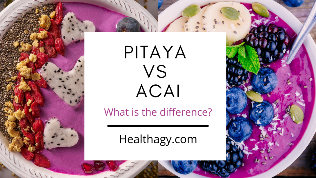 Pitaya bowl is bright pink with toppings.  Acai bowl is a bright plum color with topping 